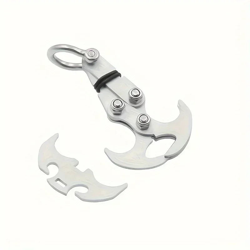 Stainless steel folding grappling hook with a spring-loaded mechanism and a curved hook blade.