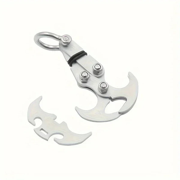 Stainless steel folding grappling hook with a spring-loaded mechanism and a curved hook blade.
