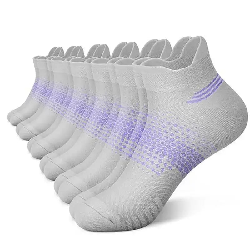 A stack of light gray breathable mesh ankle socks for running and fitness