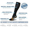 A black compression sock is shown with various features like no slip cuff, moisture-wicking fabric, ankle protection, reinfor