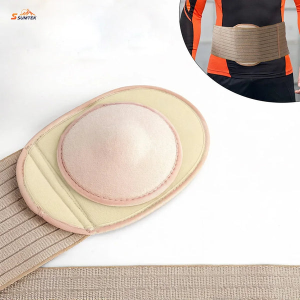 Cinturón de soporte abdominal ajustable rosa y beige mostrado en una estera tejida.
