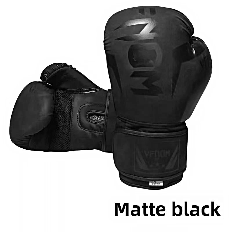 A pair of matte black professional PU leather boxing gloves shown against a white background.