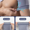 A hand is stretching a gray and blue mesh shoulder support brace on a person's shoulder.
