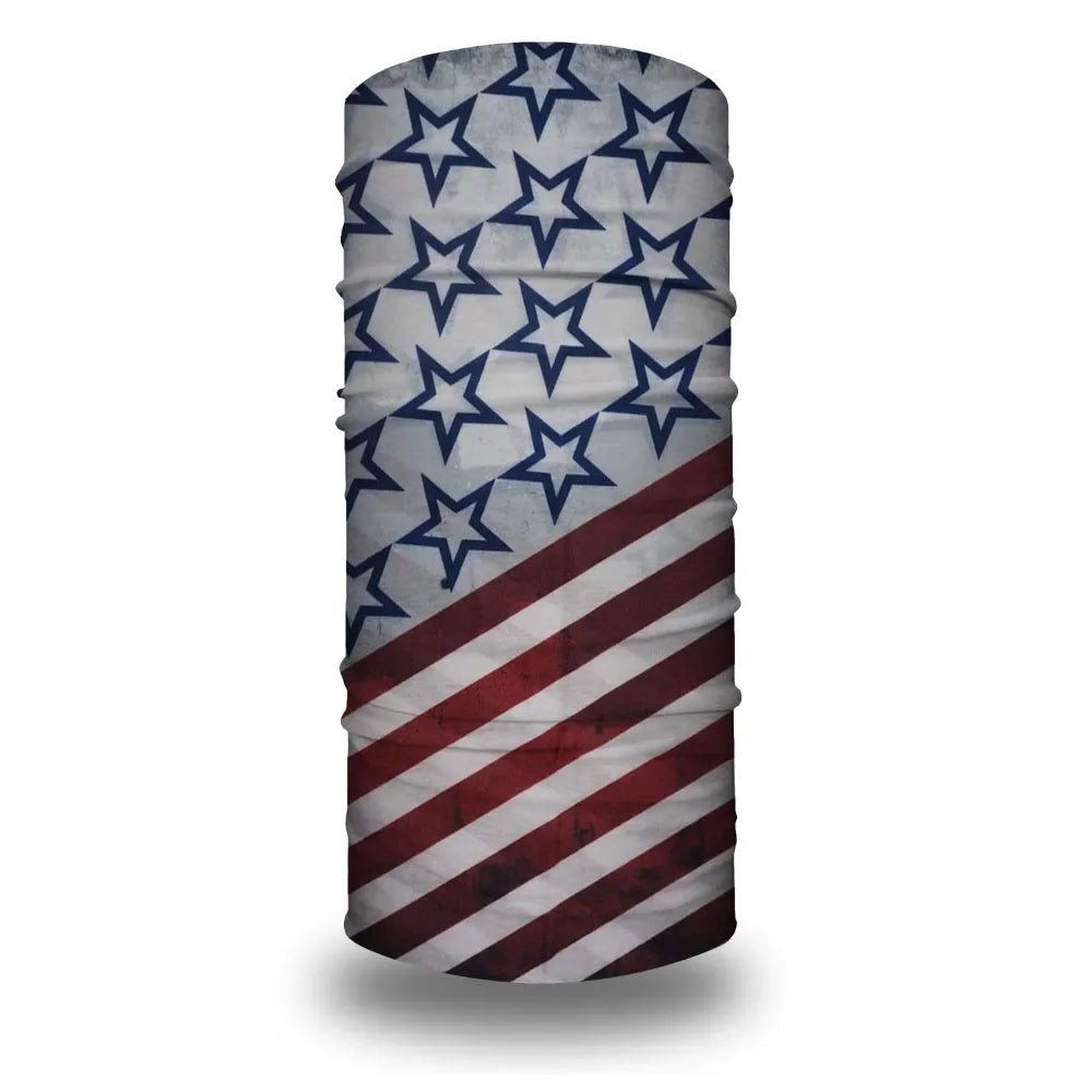 A rolled tube bandana featuring the design of the American flag with stars and stripes.