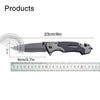 A black multi-functional folding survival knife shown with dimensions of 23cm/9in and 9cm/3.7in.