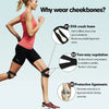Diagram showing the benefits of a knee support sleeve including EVA foam, two-way regulation, and protective ligaments.