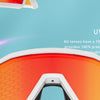 Orange and white polarized sports sunglasses with UV400 protection coating shown against a light blue background.