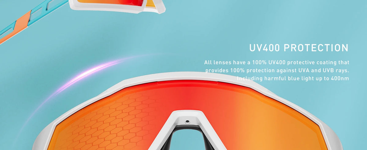 Orange and white polarized sports sunglasses with UV400 protection coating shown against a light blue background.