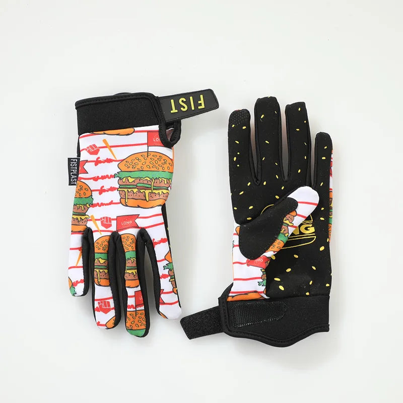A pair of black and colorful motorcycle or mountain biking gloves with a graphic design on the palm.