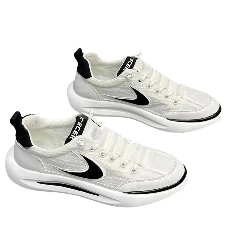 A pair of white men's breathable mesh running shoes viewed from the side.