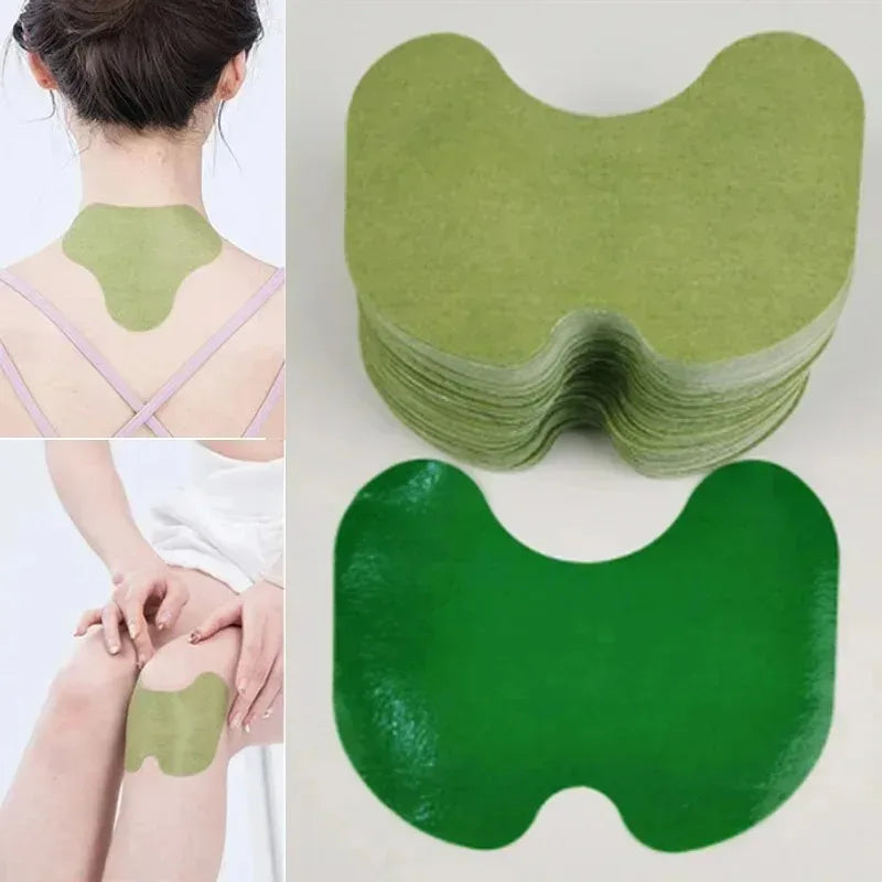 Green acupuncture heat patches for knee relief shown on skin and stacked.