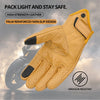 A close-up of tan leather motorcycle riding gloves with a palm reinforced non-slip design.