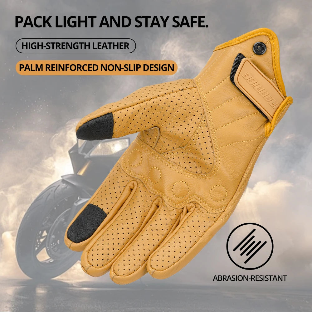 A close-up of tan leather motorcycle riding gloves with a palm reinforced non-slip design.