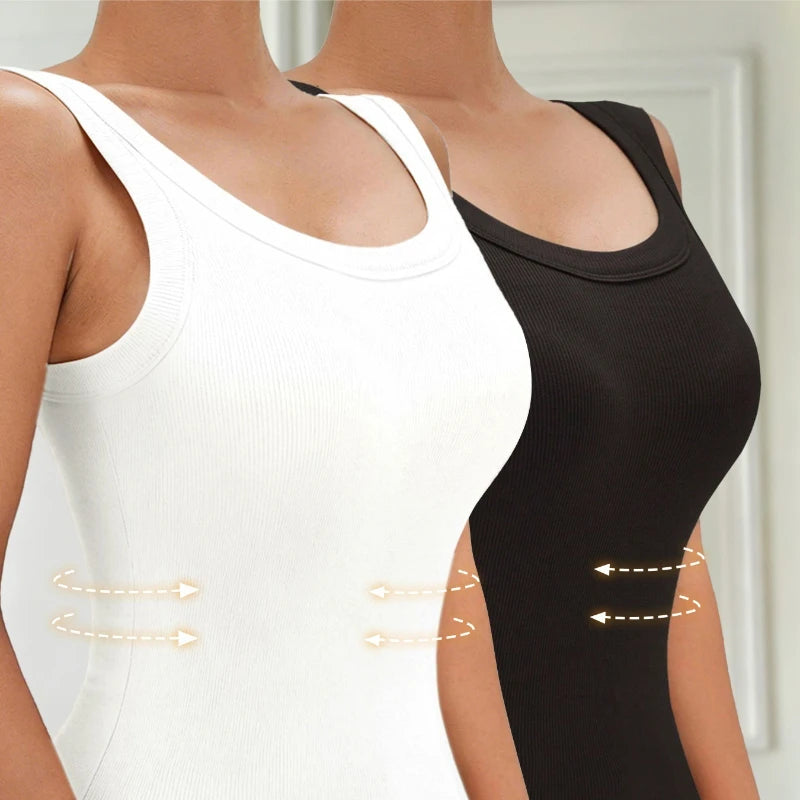 A close-up of a white racerback padded tank top and a black version displayed on a model.