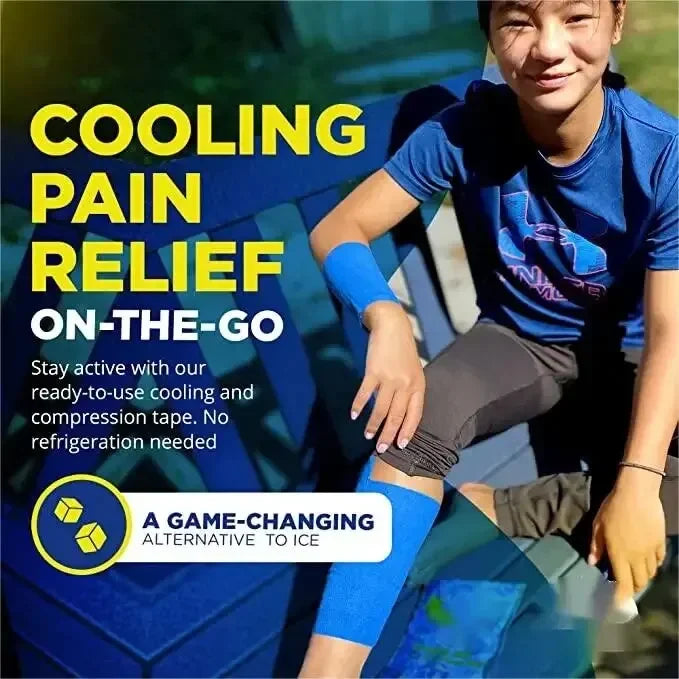 A young person applying blue cooling pain relief tape on their arm outdoors.