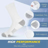 White and gray elastic socks designed for seamless fit, Y-heel hiking support, and arch support.
