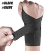 A hand is demonstrating a black wrist support compression strap on an arm.