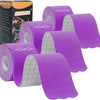 Rolls of purple kinesiology tape with a white grid pattern are displayed next to its packaging.