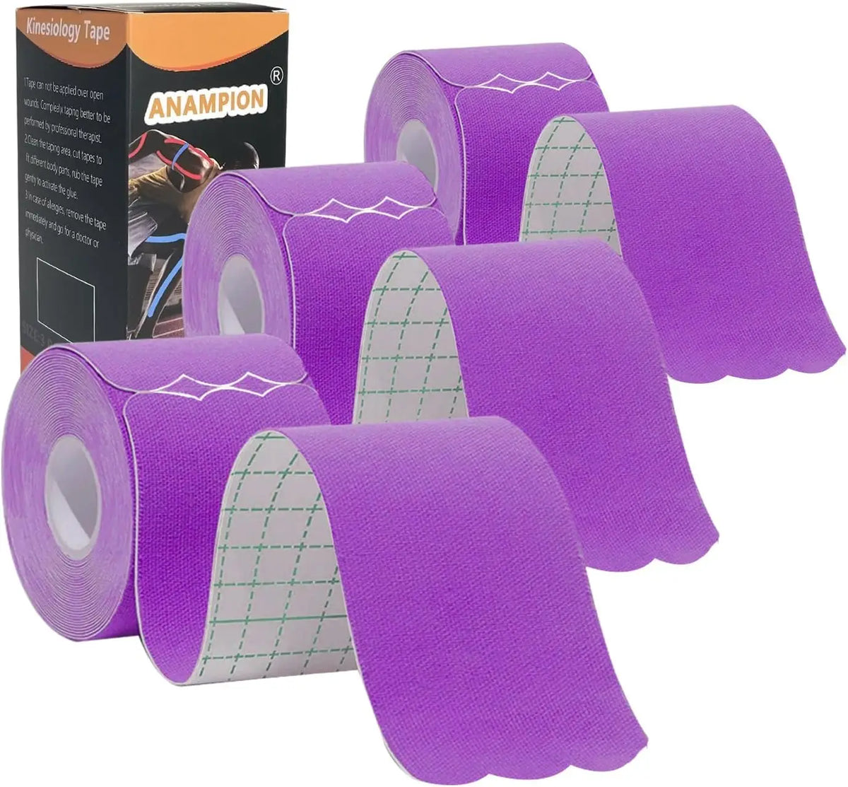 Rolls of purple kinesiology tape with a white grid pattern are displayed next to its packaging.