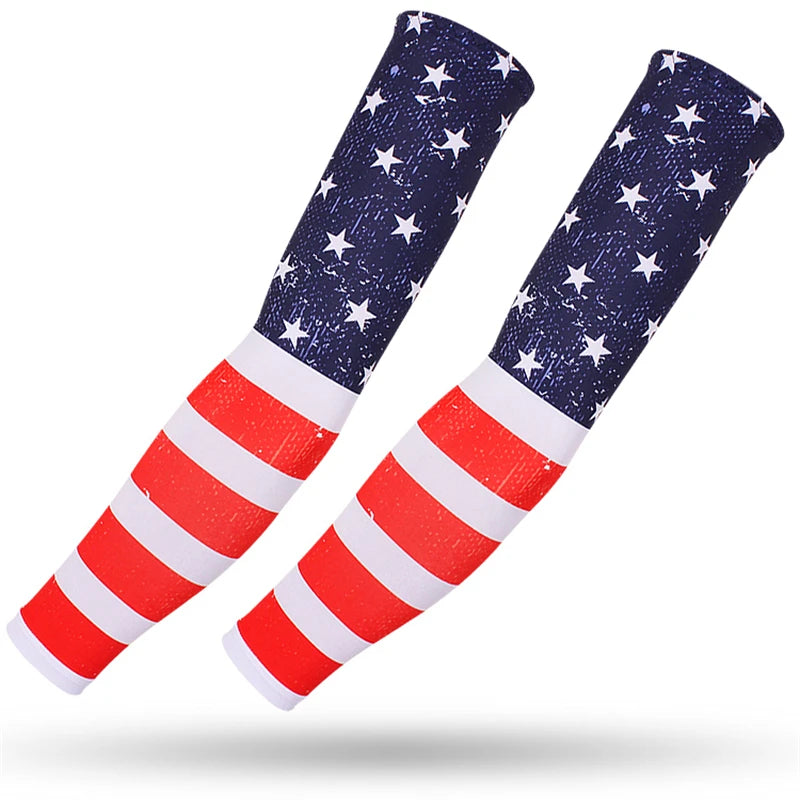 Pair of patriotic American flag patterned sports arm sleeves featuring stars and stripes