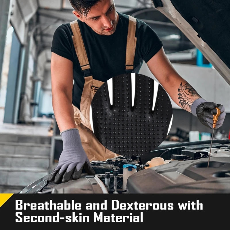A mechanic wearing a black shirt and overalls is using a breathable, dexterous second-skin material glove on an engine compon