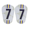 A pair of mini football shin guards featuring the number 7 in dark blue and yellow stripes on a white background.