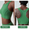 A green high-impact stretch yoga crop top shown in two views, highlighting the vest style design.