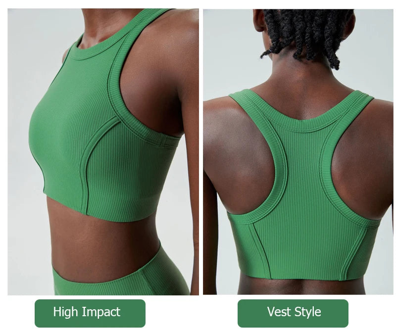 A green high-impact stretch yoga crop top shown in two views, highlighting the vest style design.