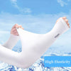 A white, high-elasticity arm sleeve is shown being worn against a snowy outdoor background under a blue sky.
