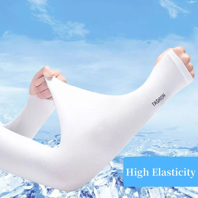 A white, high-elasticity arm sleeve is shown being worn against a snowy outdoor background under a blue sky.