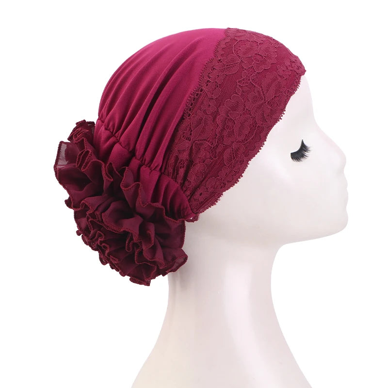 Elegant Lace Chiffon Floral Cap for Women
