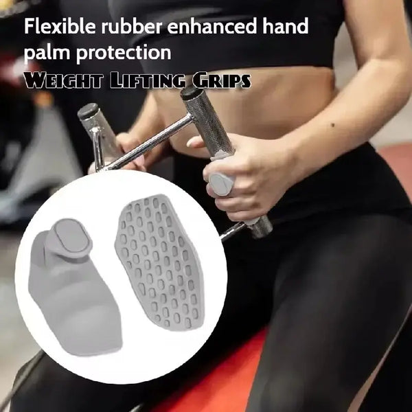 A hand gripping a weightlifting grip, showing the flexible rubber enhancement for palm protection.