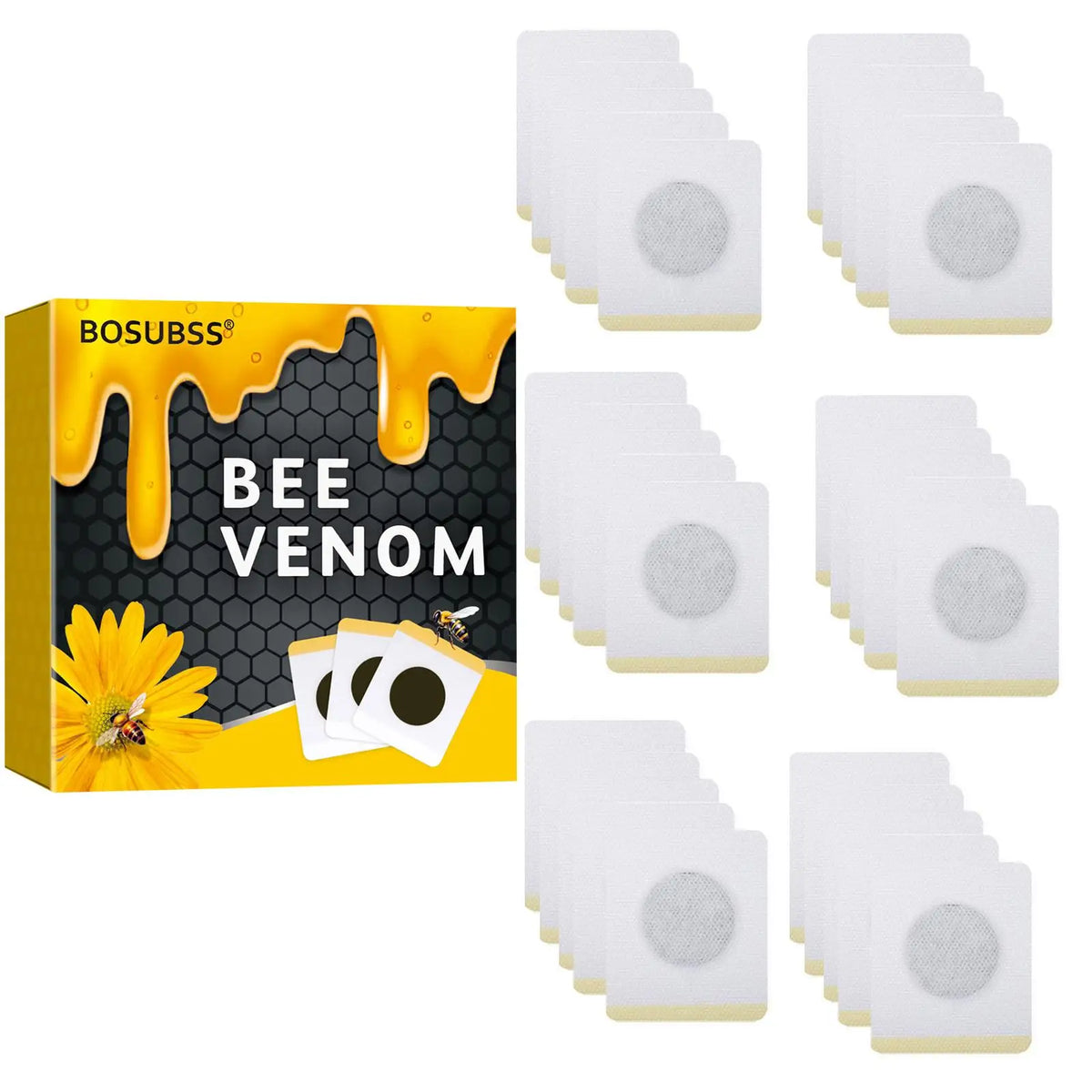 Box of Bee Venom breathable abdominal comfort patches in white and yellow packaging