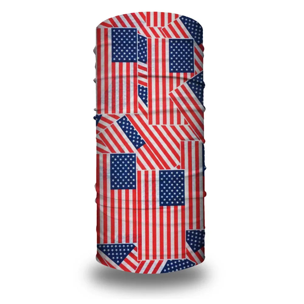 A tube bandana featuring a patriotic design with red, white, and blue stripes and stars.