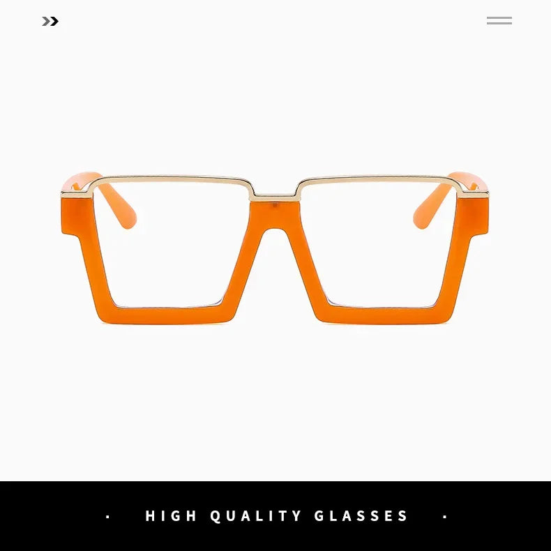 A pair of orange oversized square semi-rim metal eyeglasses viewed from the front.