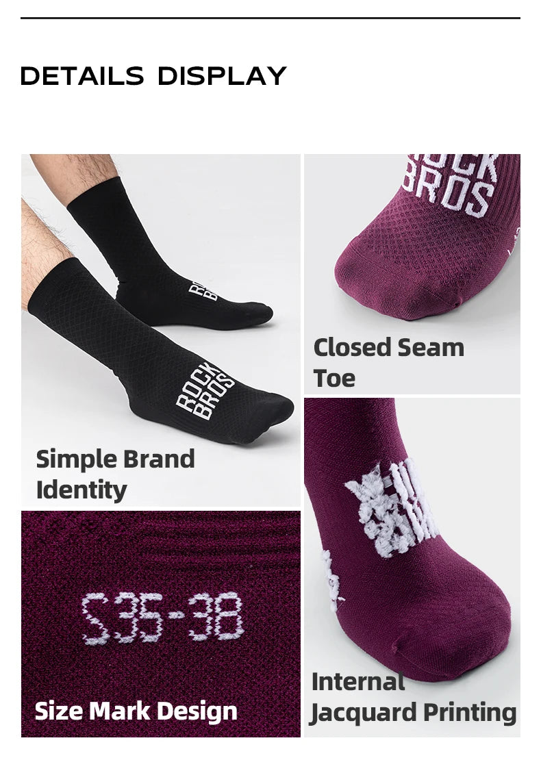 Close-up display of dark purple and black professional cycling socks showing brand identity and size markings