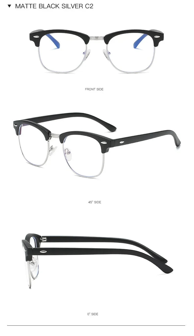 Black silver C2 retro anti-blue light computer glasses shown from front, side, and angle views.