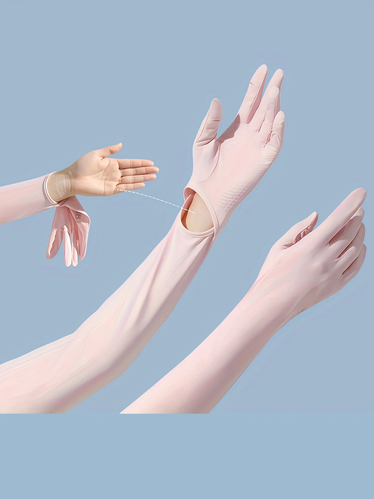 Mangas elásticas para el sol de protección UV de color rosa usadas en una mano y brazo.