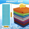 A vertical display of ten colored cooling microfiber towels stacked in a pile against a snowy background.