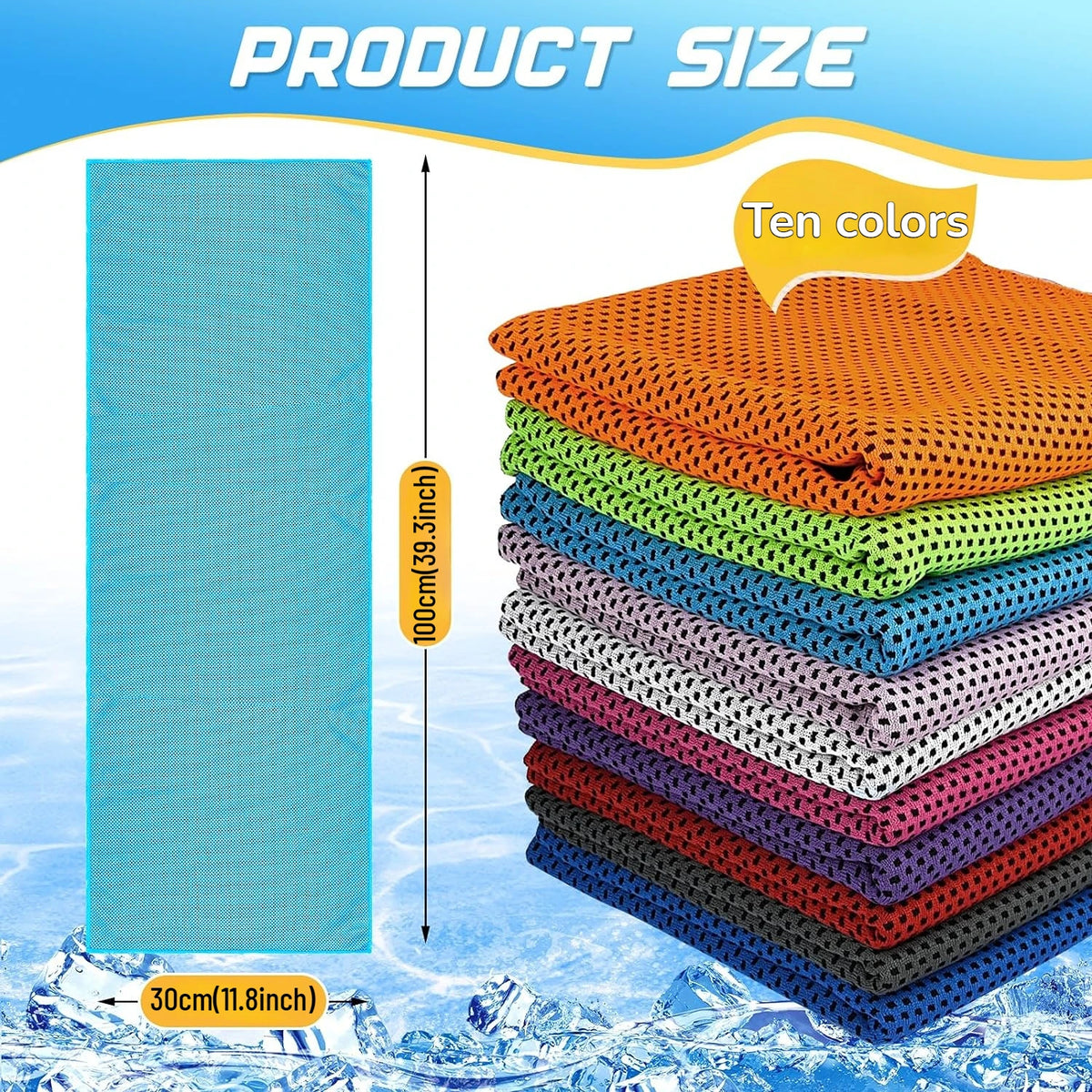A vertical display of ten colored cooling microfiber towels stacked in a pile against a snowy background.