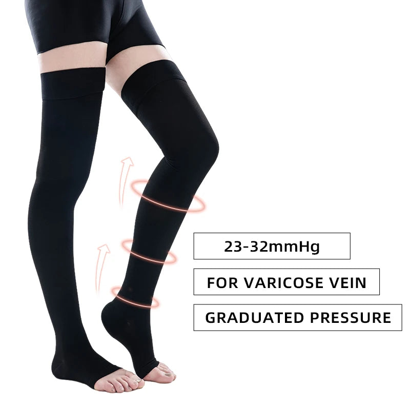 Black medical compression stockings applied to a leg, demonstrating graduated pressure for varicose veins.