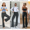Black high-waisted flared leggings shown in yoga, casual, and exercise contexts.