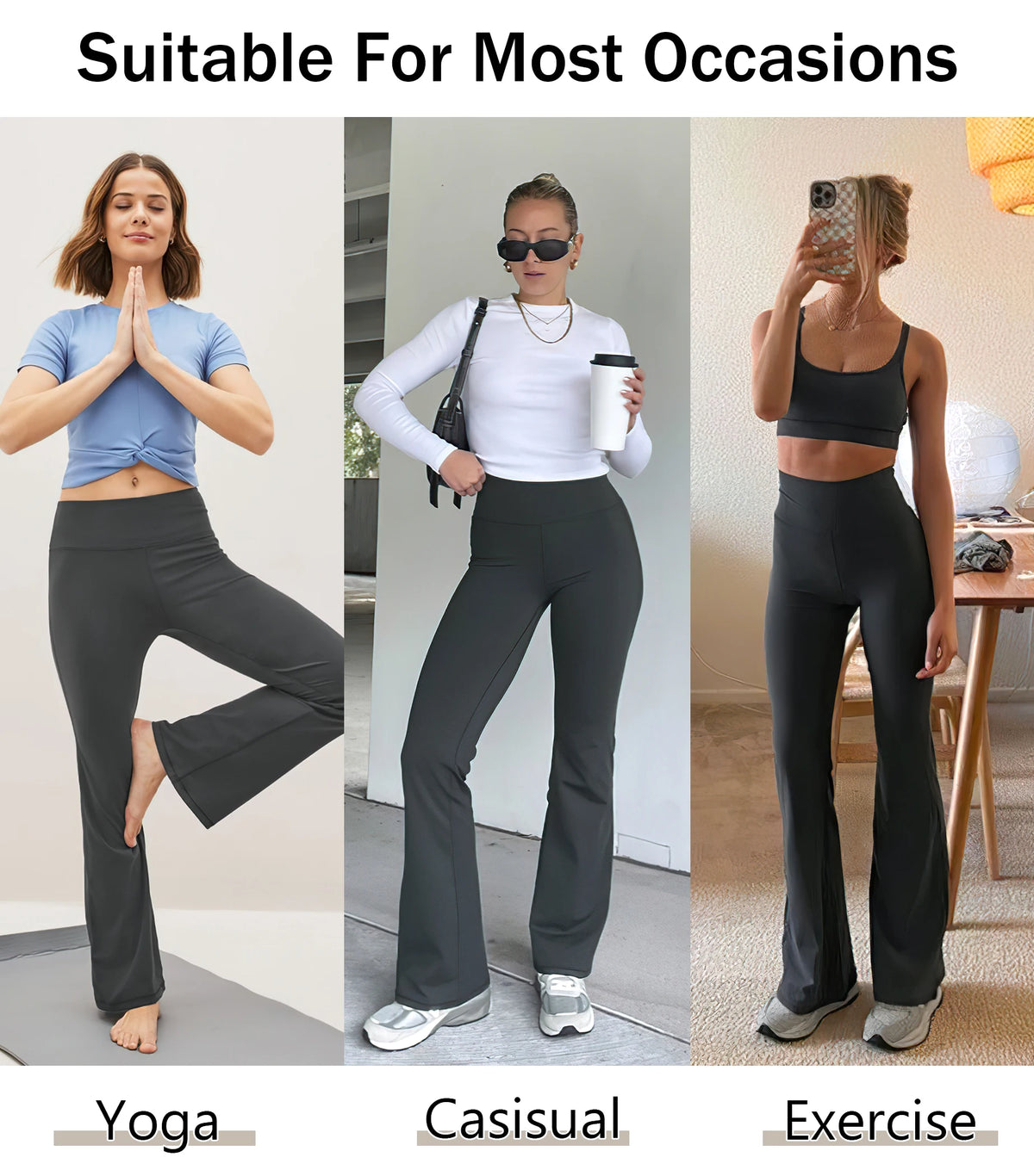 Black high-waisted flared leggings shown in yoga, casual, and exercise contexts.