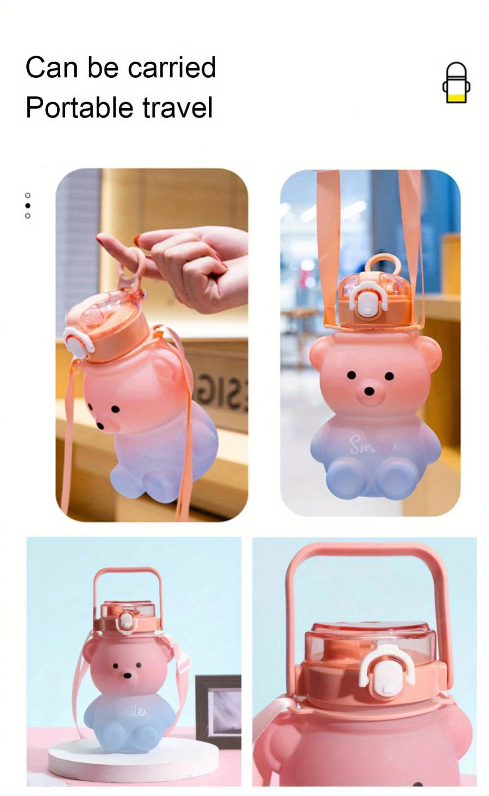Pink bear-shaped portable water bottle with a straw and strap shown in various angles.