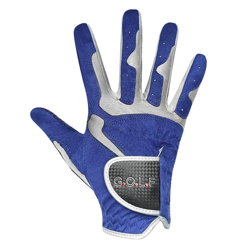 A pair of blue and gray performance golf grip gloves shown against a white background.