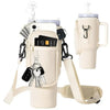 A beige neoprene water bottle carrier bag with a shoulder strap and attached keys is shown.