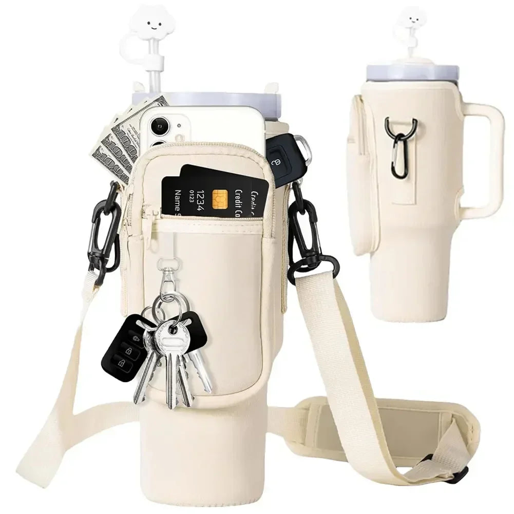 A beige neoprene water bottle carrier bag with a shoulder strap and attached keys is shown.