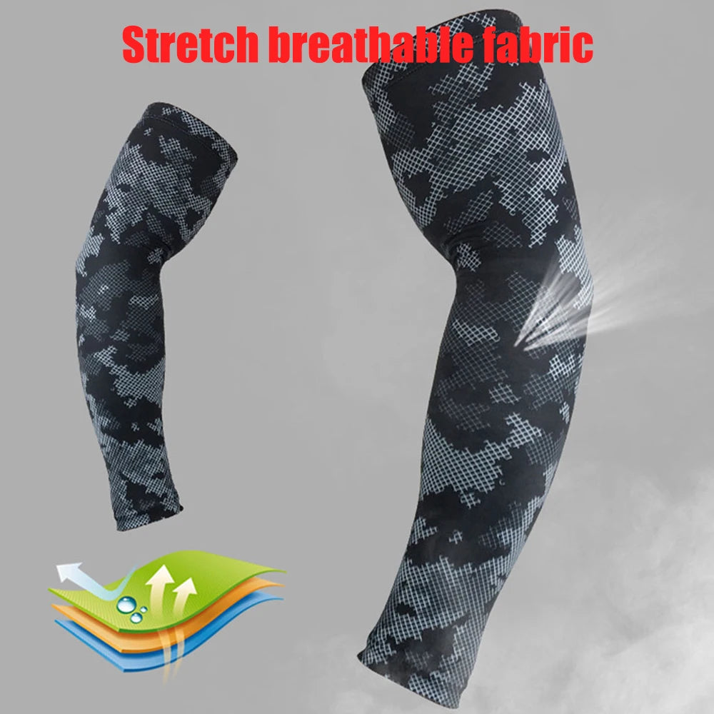 Black stretch breathable fabric compression arm sleeves shown with a diagram illustrating layered support.