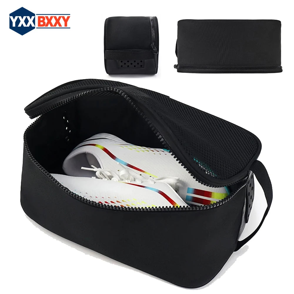 Black waterproof sports shoe carrier bag with multiple compartments and a carrying strap.