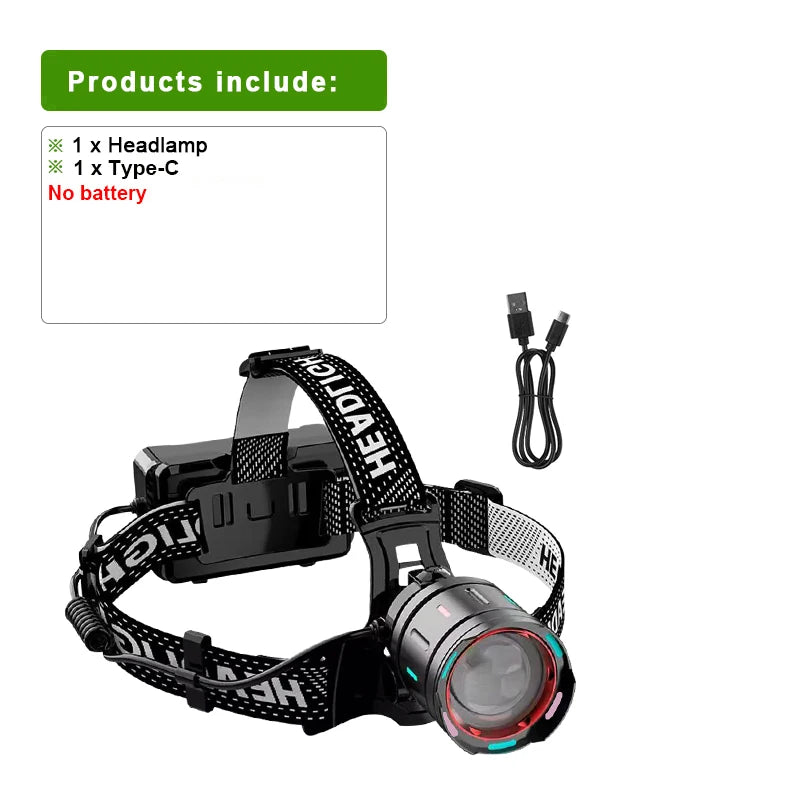 Black LED headlamp with a zoomable beam and a Type-C cable shown on a white background.